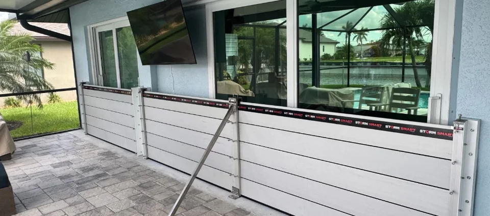 Removable flood panels installed across large sliding glass doors on a screened pool lanai